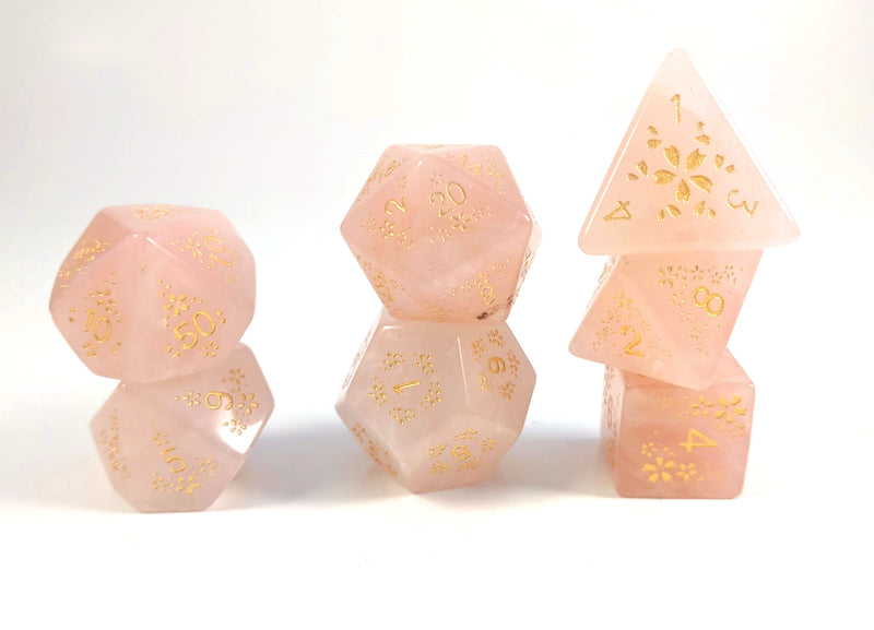 Sakura Rose Quartz Glyphic Semi Precious Stone Dice Set